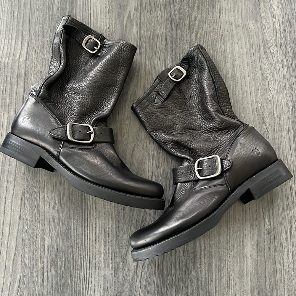 Frye Black Leather Buckle Engineer Booties